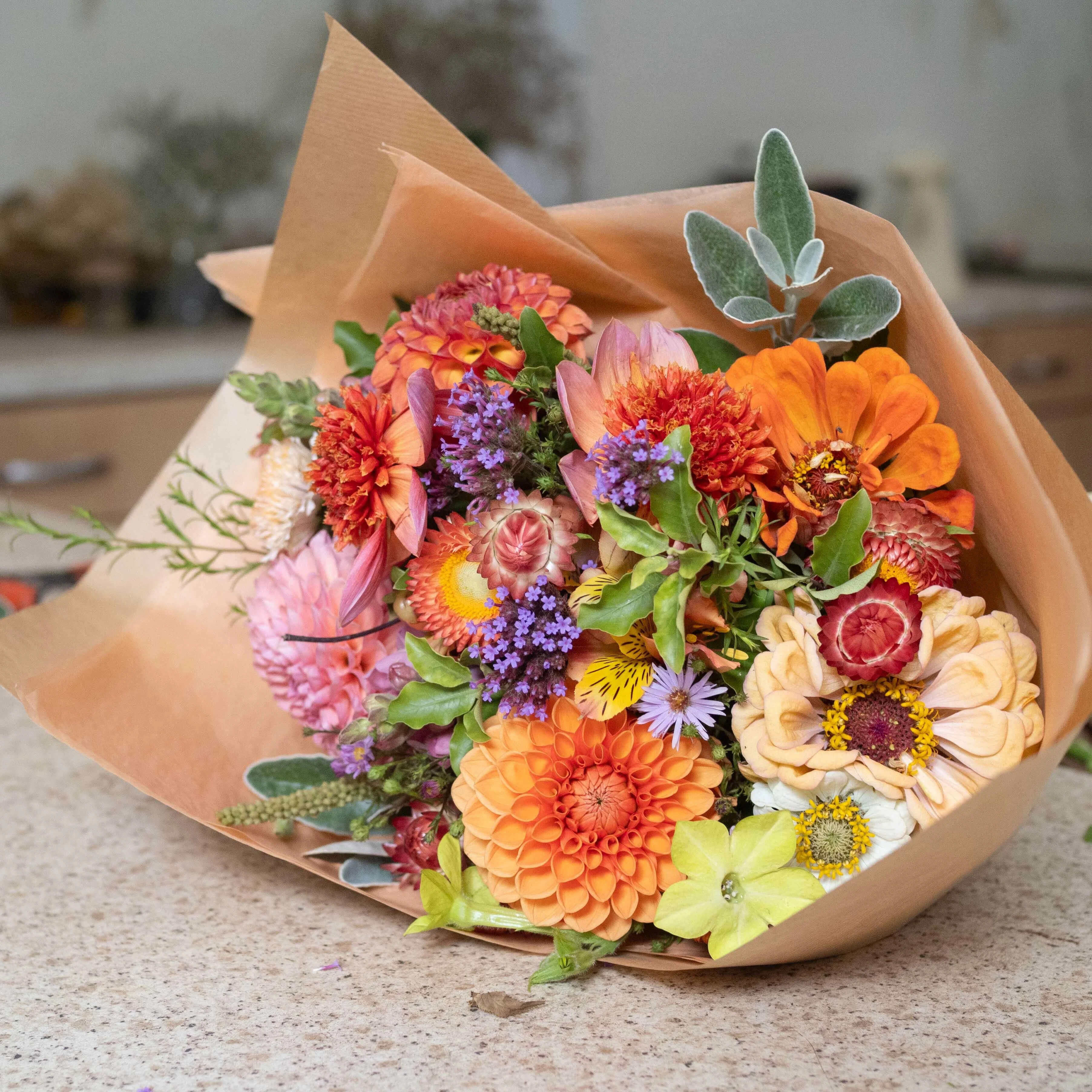 A hand-tied seasonal bouquet from Flowers Flows